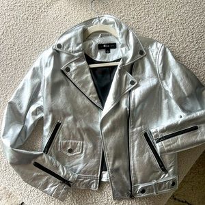 100% lambskin leather silver metallic moto jacket